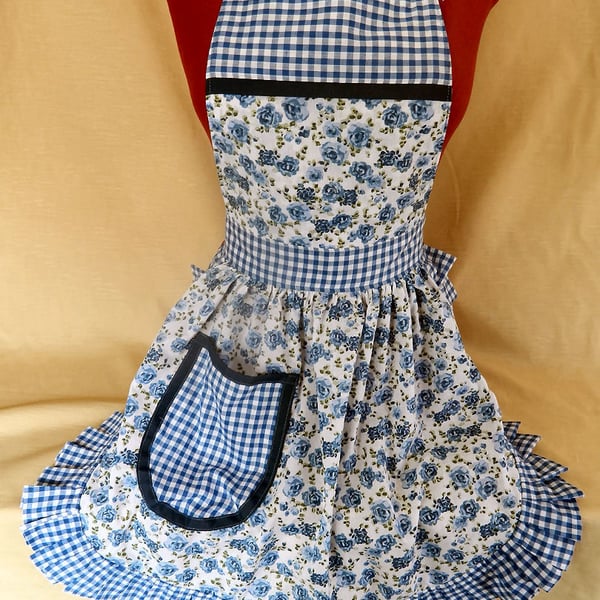 Vintage 50s Style Full Apron Pinny - Blue & White Roses