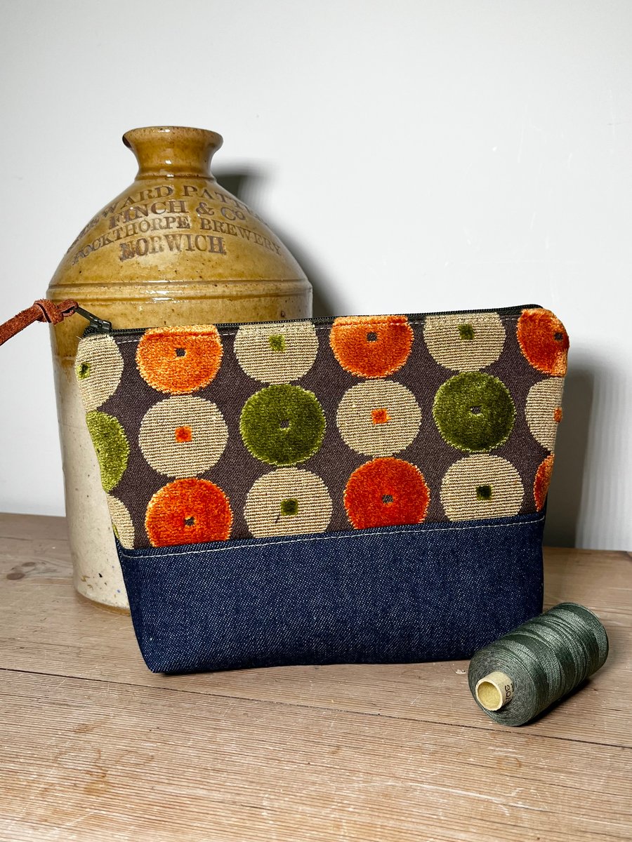 Dark denim and chenille pouch with orange and lime pattern