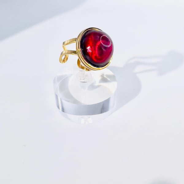 Ruby Red Resin Ring - Gold Tone Cocktail Ring