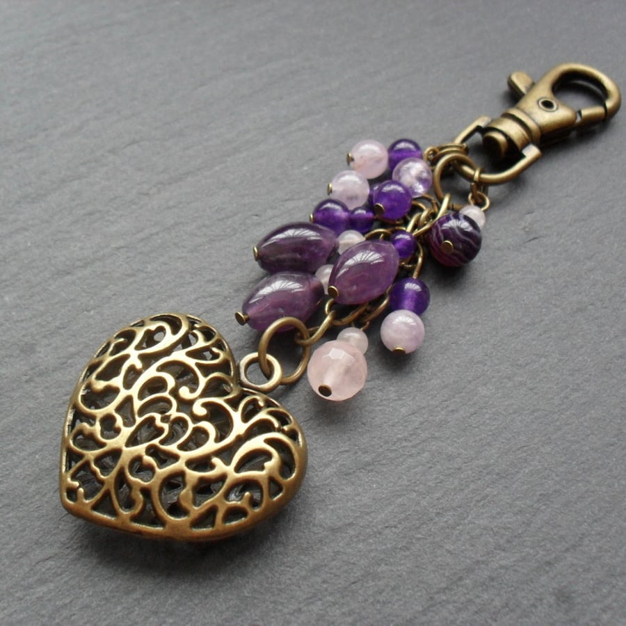 Purple Amethyst Rose Quartz Bronze Tone Heart Bag Charm