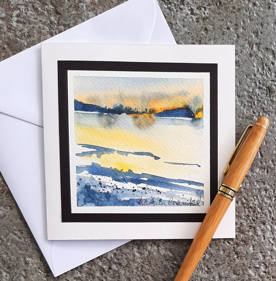 Sunrise Over A Scottish Loch. Abstract Blank Handpainted Gift Greetings Card.