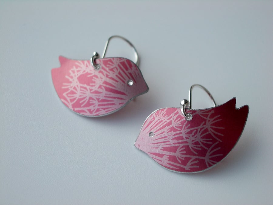 Bird earrings with dandelion clock print in pink and silver