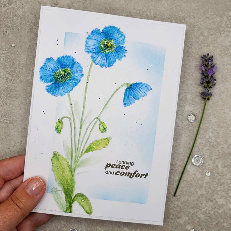 Blue Poppy Hand-painted Sympathy Card - original, poppies, thinking of you