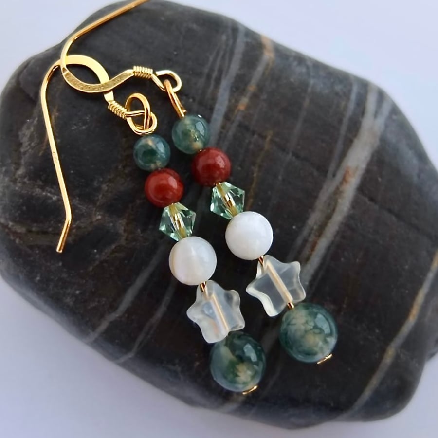 Moss Agate, Jade Star, Swarovski Crystal, Red Jasper and Shell Earrings.