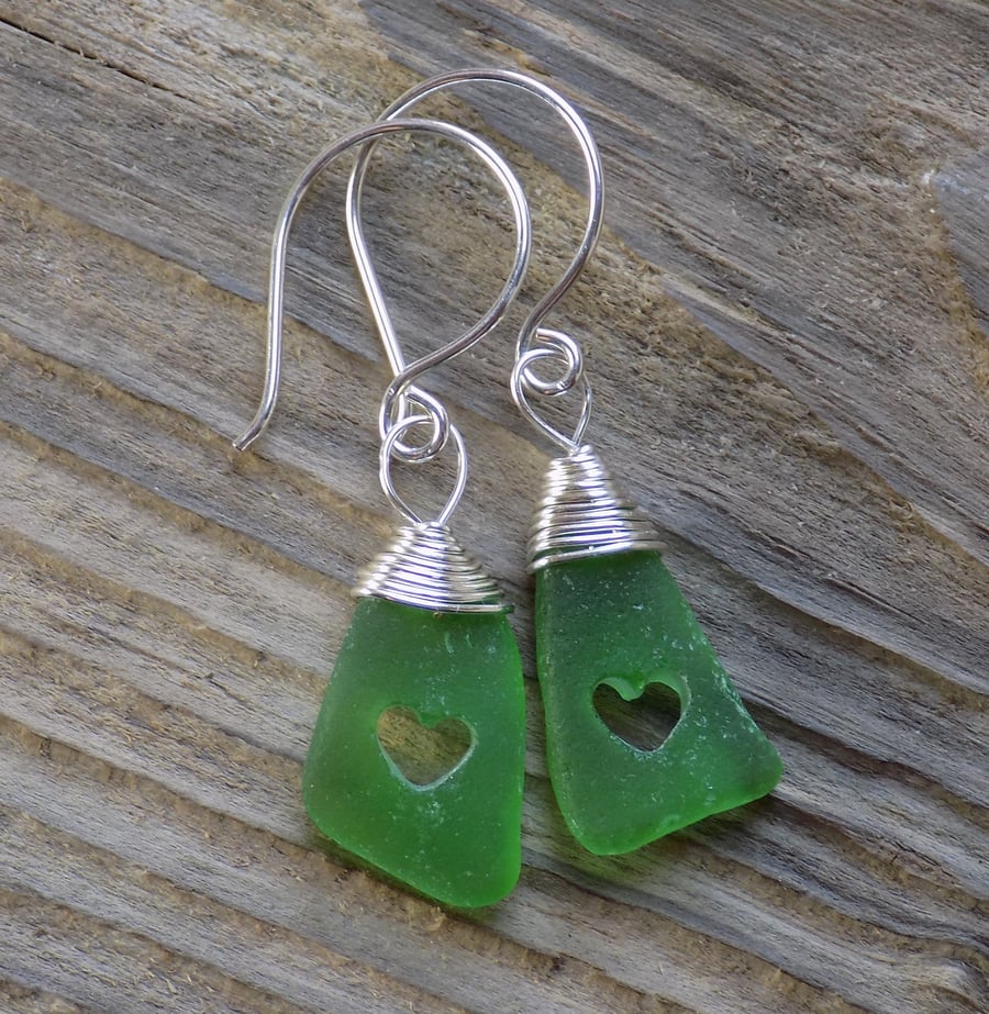 Natural green sea glass heart earrings