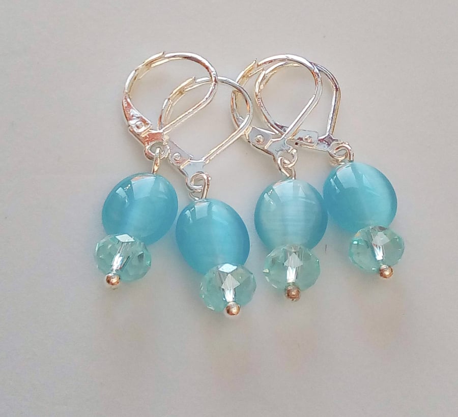 Pale Blue Oval Glass Bead with Crystal Rondelle Bead Lever Back Earrings