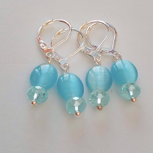 Pale Blue Oval Glass Bead with Crystal Rondelle Bead Lever Back Earrings