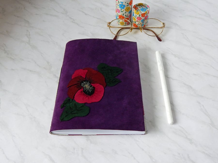 Purple Pansy Notebook, Sketchbook in Suede leather. Gifts for Her. Garden Gifts.