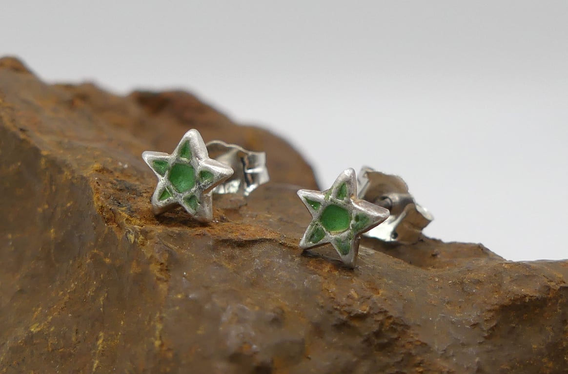 Recycled Sterling Silver Pentagram Stud Earrings with a Green Patina.