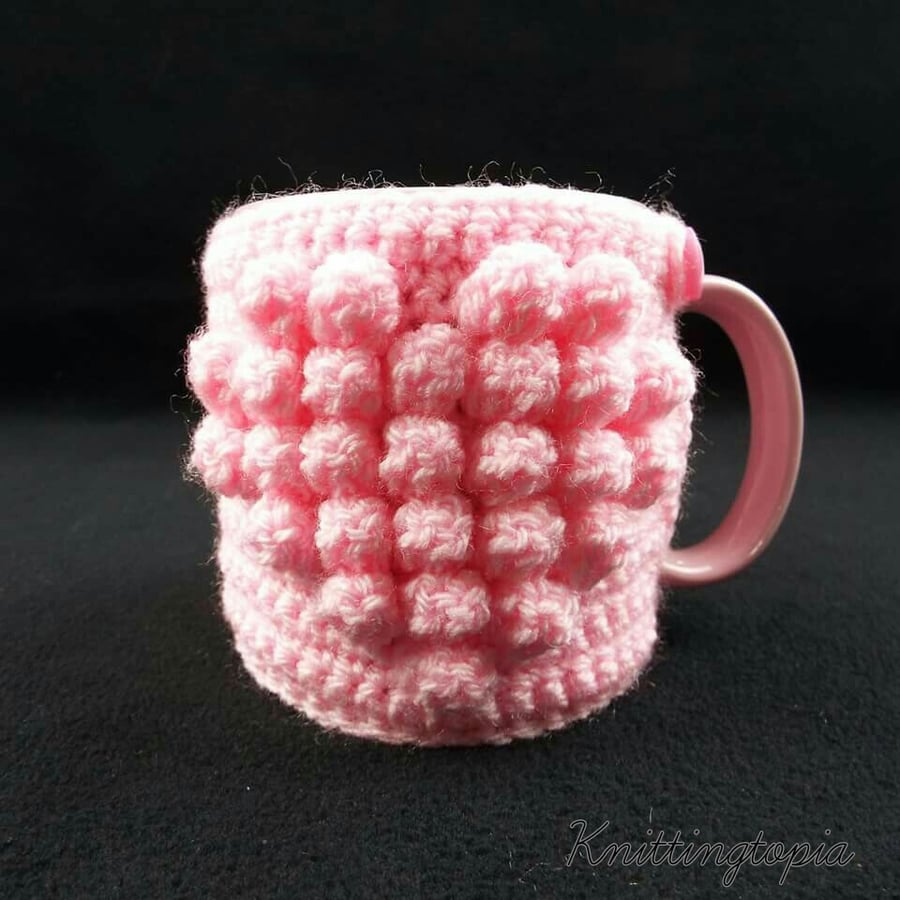 Hand crocheted mug cosy - pink heart - valentine's day gift - mother's day gift 