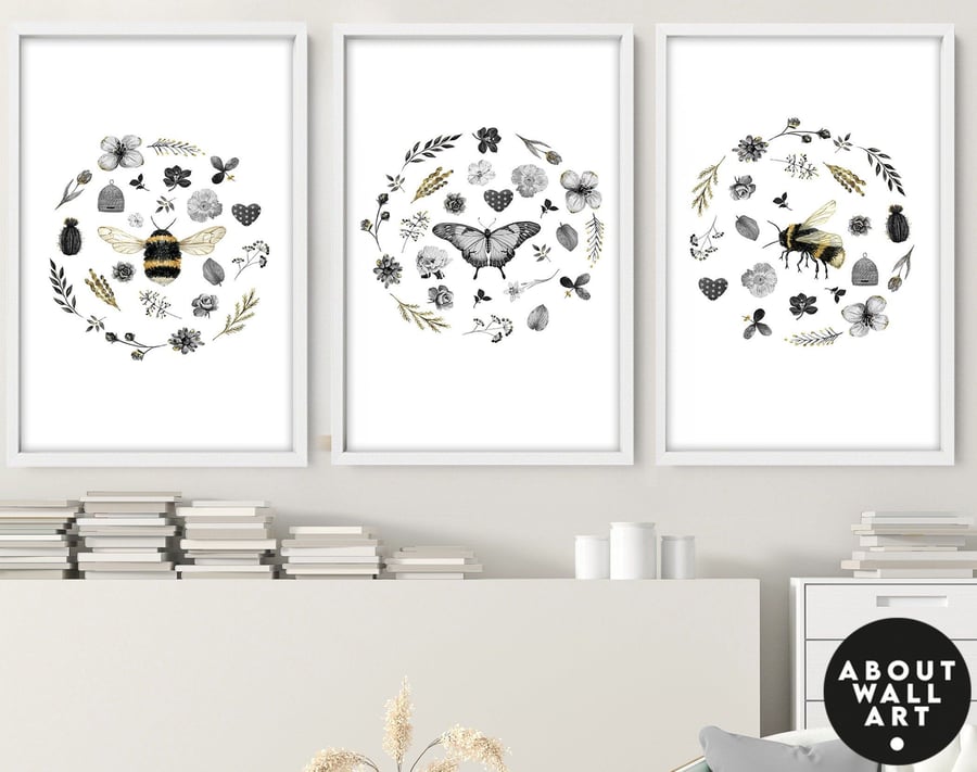 Circle of Life Wall Art, Bees Artwork, Butterflies and Flowers Pollination in a 