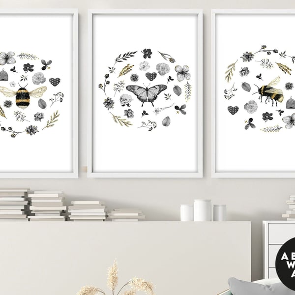 Circle of Life Wall Art, Bees Artwork, Butterflies and Flowers Pollination in a 