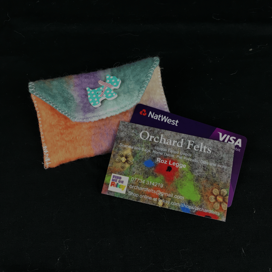 Felted card wallet, jewellery pouch in pastel colours with scottie dog