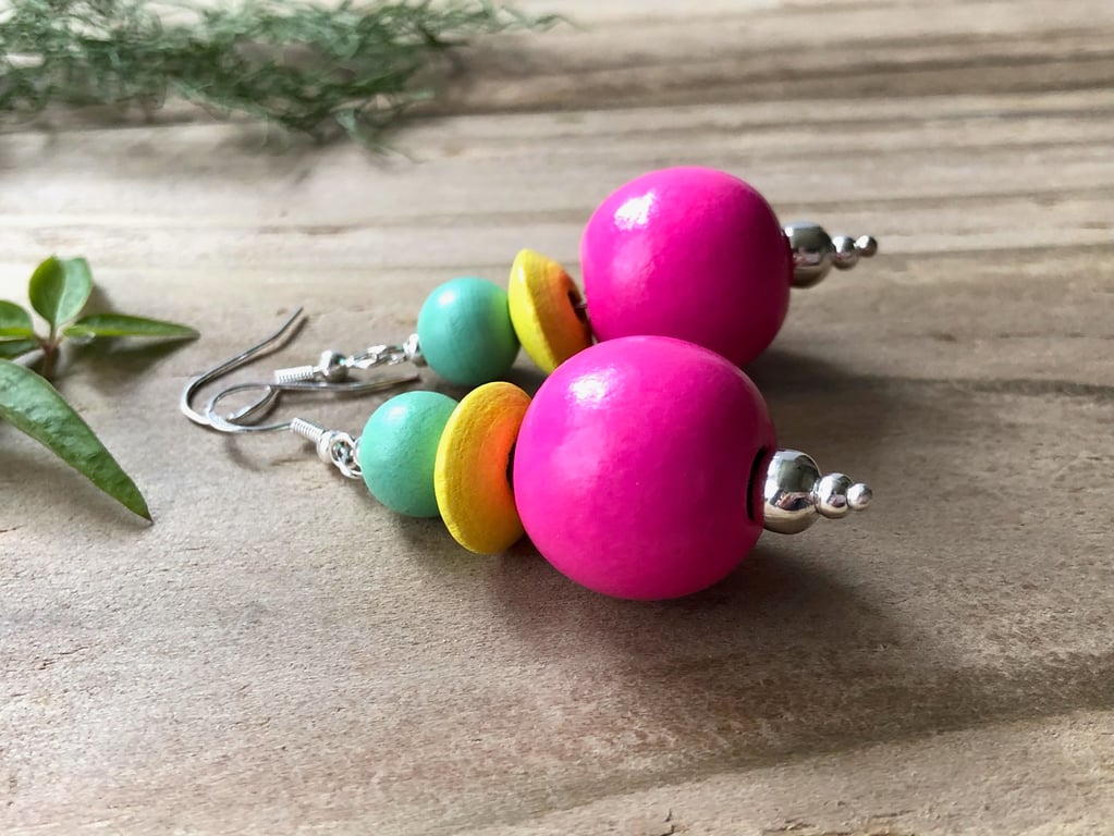 Big Wooden Bead Earrings. Hot Pink, Yellow, Turquoise. Geometric Beaded Earrings
