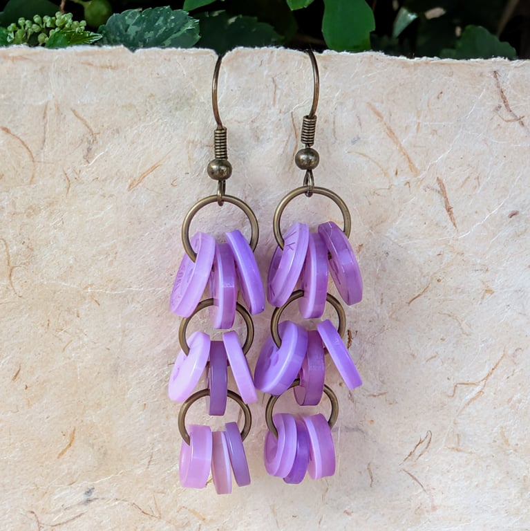 Lilac button chandelier earrings with antique gold ear wires