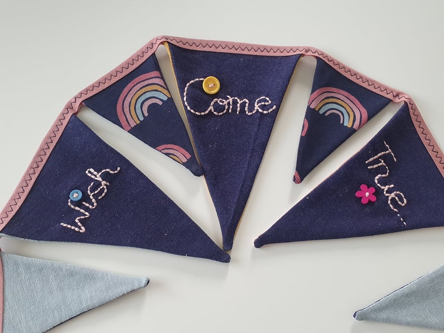 Hand Embroidered Wish Come True Rainbow Print Bunting on Dusky Pink Binding