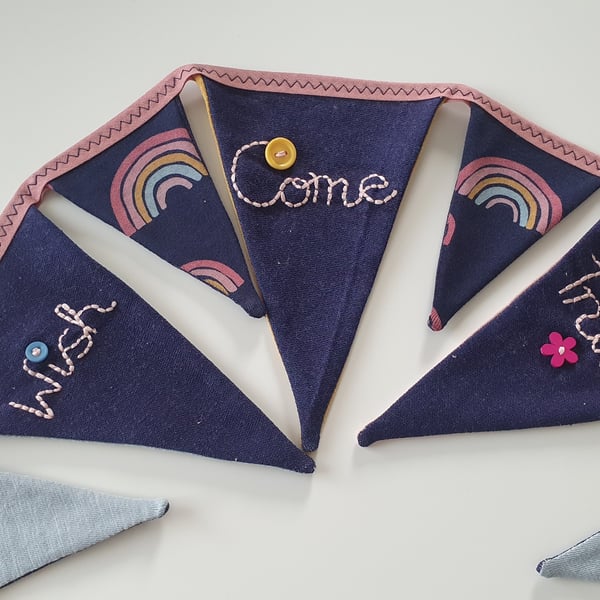 Hand Embroidered Wish Come True Rainbow Print Bunting on Dusky Pink Binding