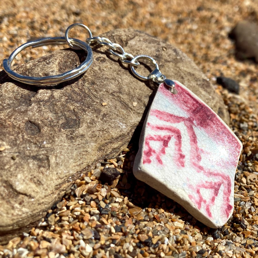 Sea Pottery Keyring - Scottish Antique Beach China Pink Seaside Keychain Key Fob