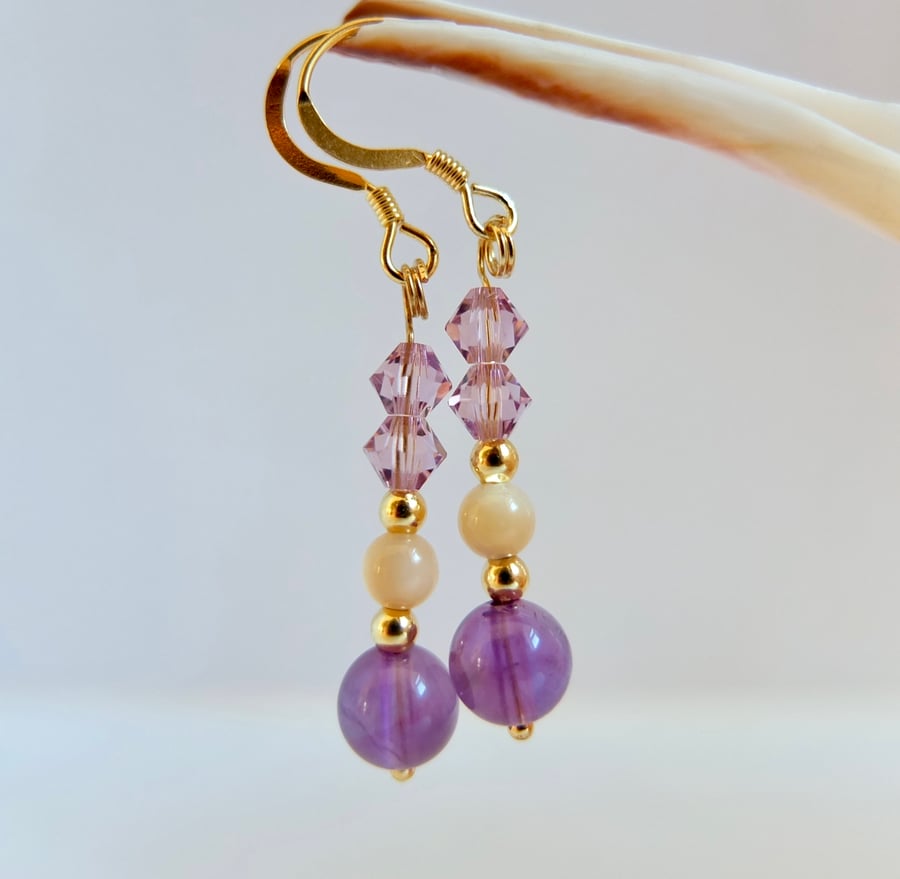 Amethyst, Swarovski Crystal And Mother Of Pearl Earrings - Handmade In Devon.