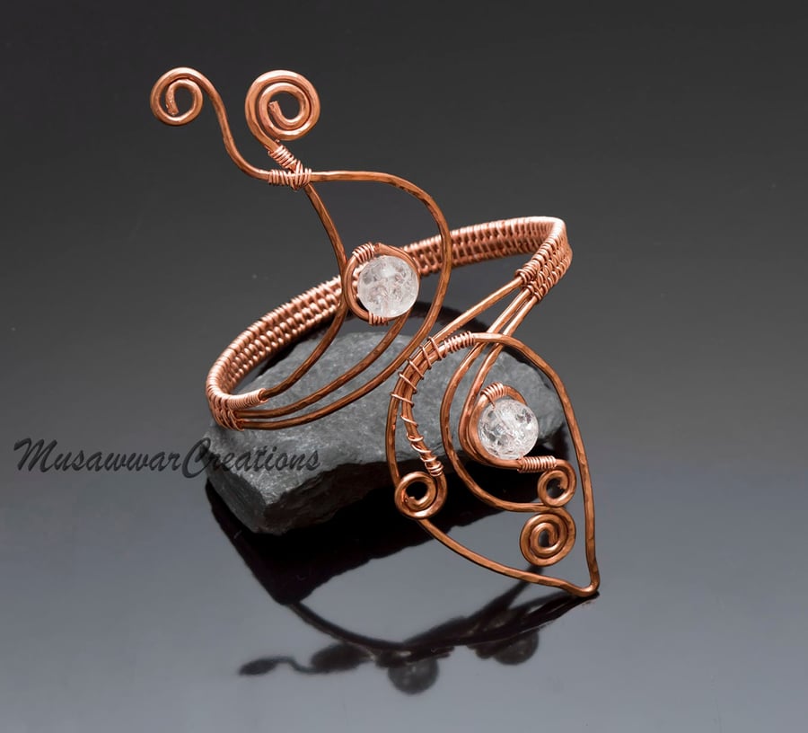 Crackled quartz UpperArm cuff-Arm bracelet-copper arm cuff,leaf design 
