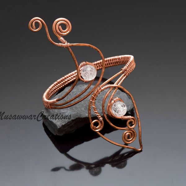 Crackled quartz UpperArm cuff-Arm bracelet-copper arm cuff,leaf design 