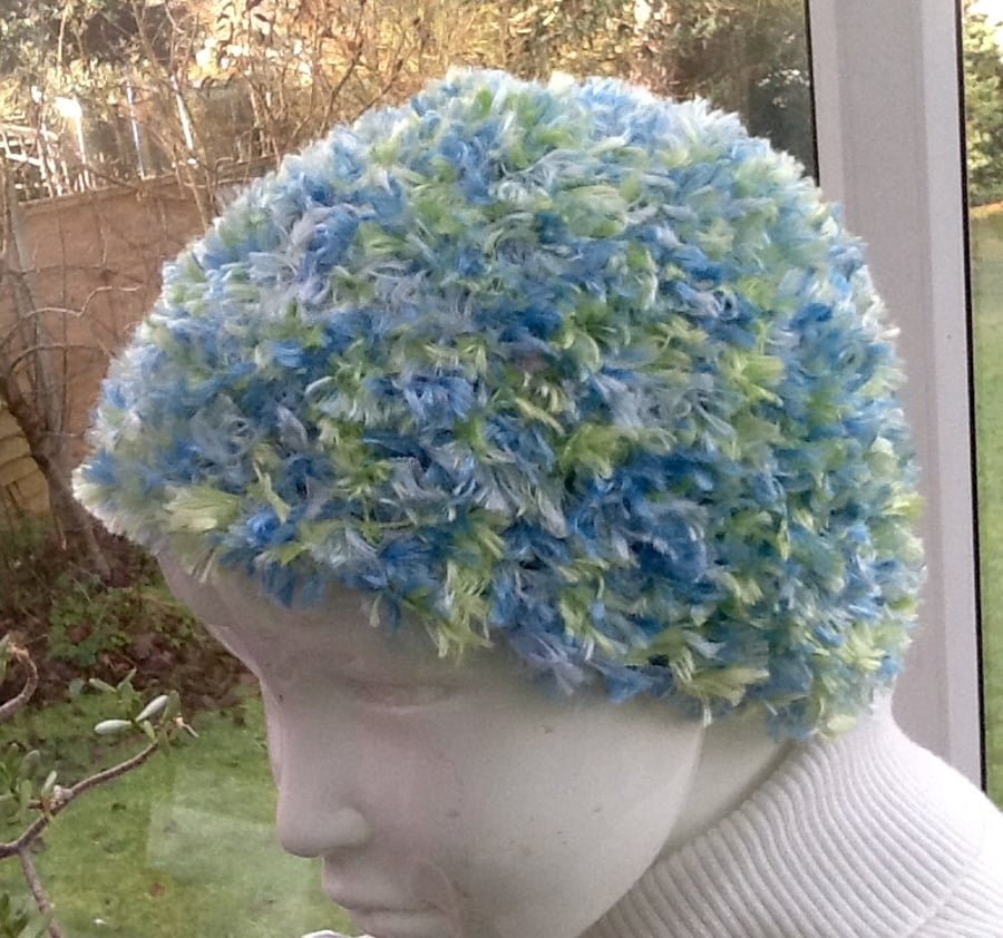 Sea Breeze! Fluffy Crocheted Baby Beanie in Eyelash Yarn for Ages 6 to 18 months
