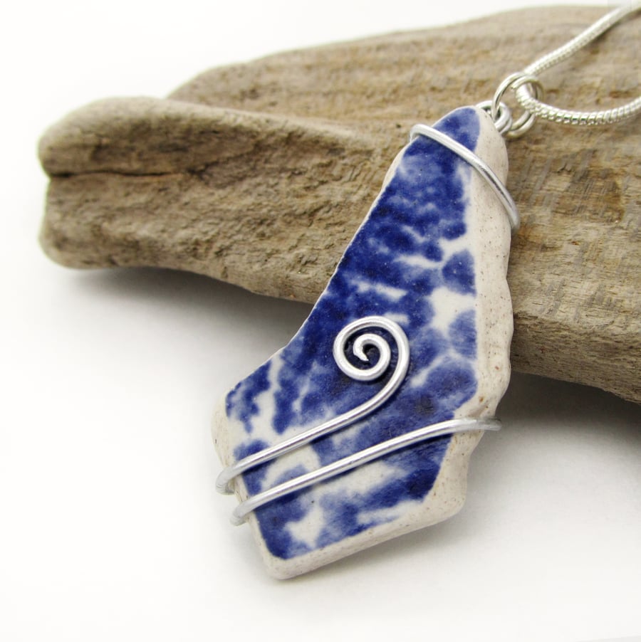 Sea Pottery Pendant Necklace - Blue Beach Spongeware. Wire Wrapped Jewellery