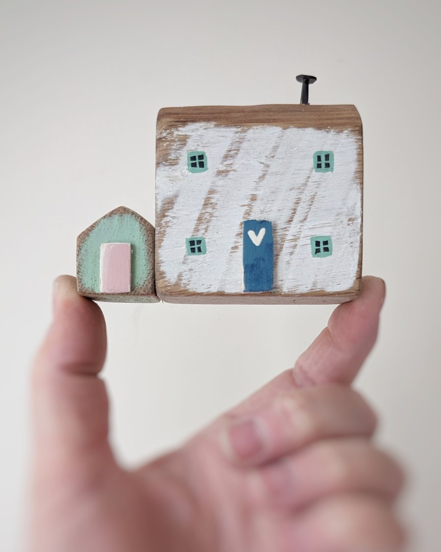 Little Handmade Painted Wooden House with Teeny Side Shed