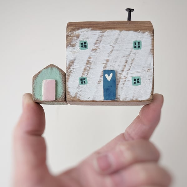 Little Handmade Painted Wooden House with Teeny Side Shed