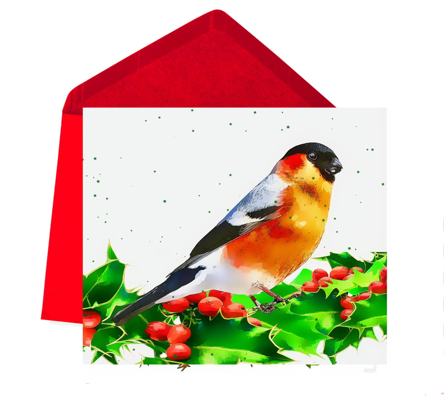 SALE - Christmas Card, Bullfinch Sitting in Holly 