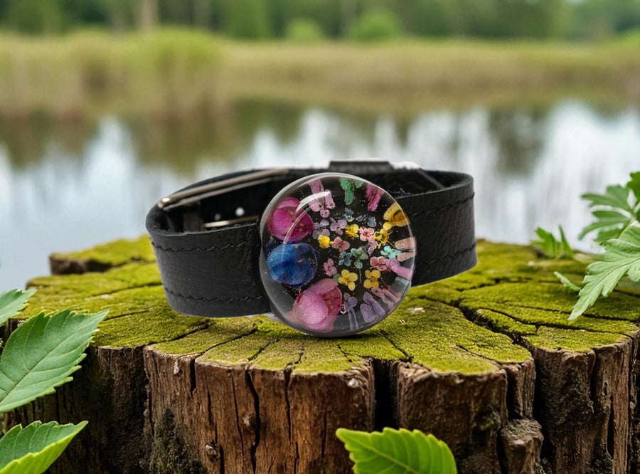 Black leather bracelet with real pressed flowers Wide resin adjustable bracelet