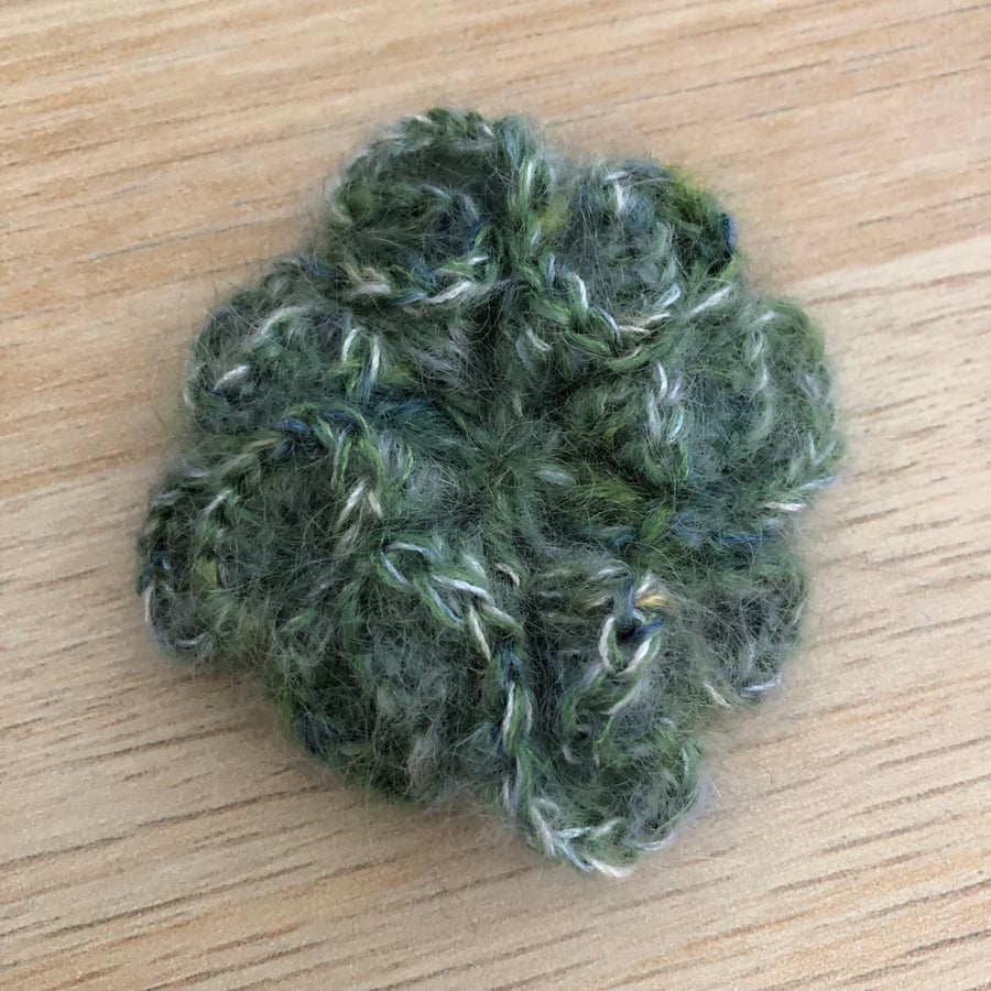 Crochet brooch, wool brooch in greens and blues, hand dyed yarn, flower brooch
