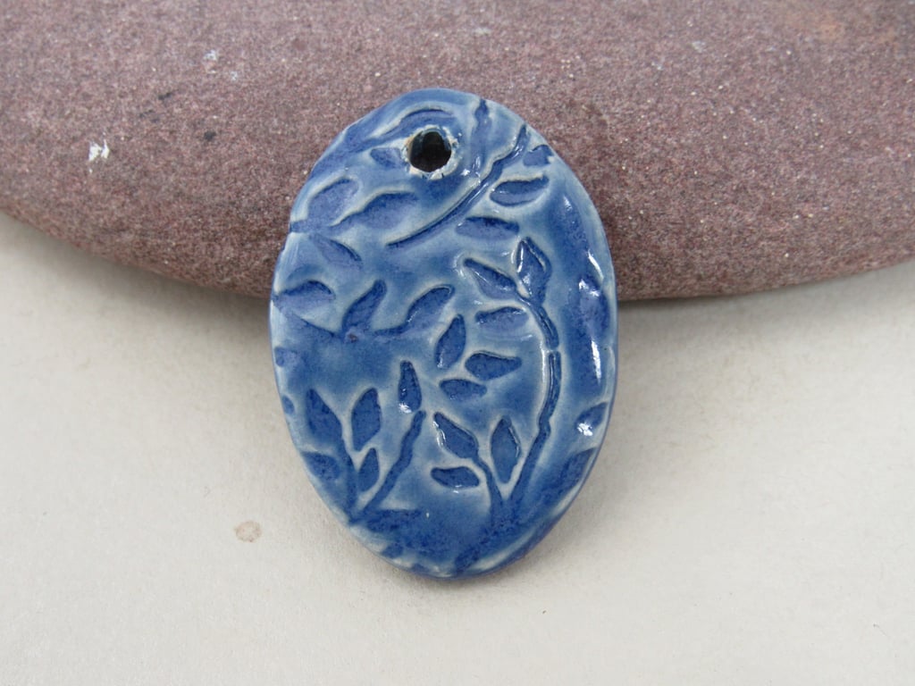 Large Ice Blue Leaf Sprig Ceramic Pendant
