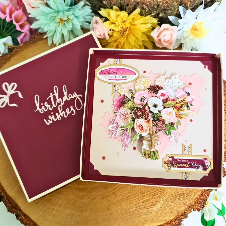 3D Decoupage floral birthday card in giftbox - Flower Bouquet Keepsake Card