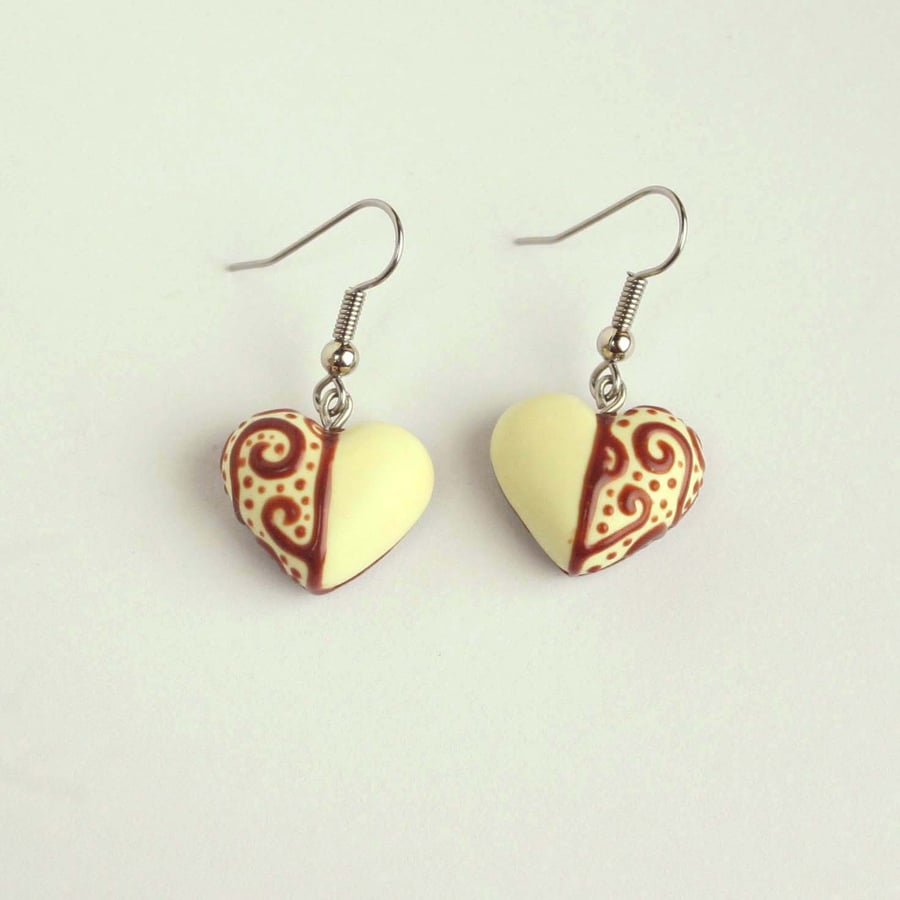 Faux Chocolate Heart earrings with Filigree decoration, Light