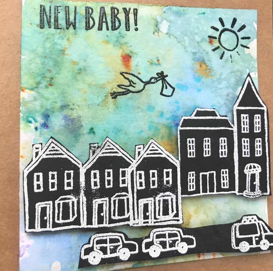 New Baby Brusho Watercoloured Card 