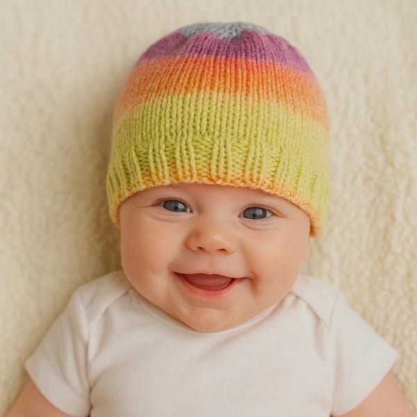 Hand Knitted Newborn Baby Hat in Pastel Stripes, Baby Girl Beanie, Winter 