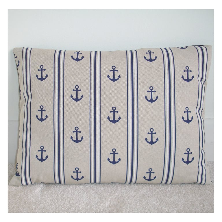 Anchor Cushion Cover 12x16 Oblong Bolster Navy Blue White Beige Anchors Nautical
