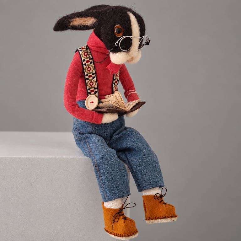 One of a Kind Needle felted Dutch Rabbit reading his favourite book.