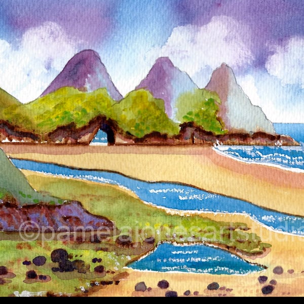Three Cliffs Bay, Gower, Original Watercolour, Seascape, in 14 x 11'' Mount