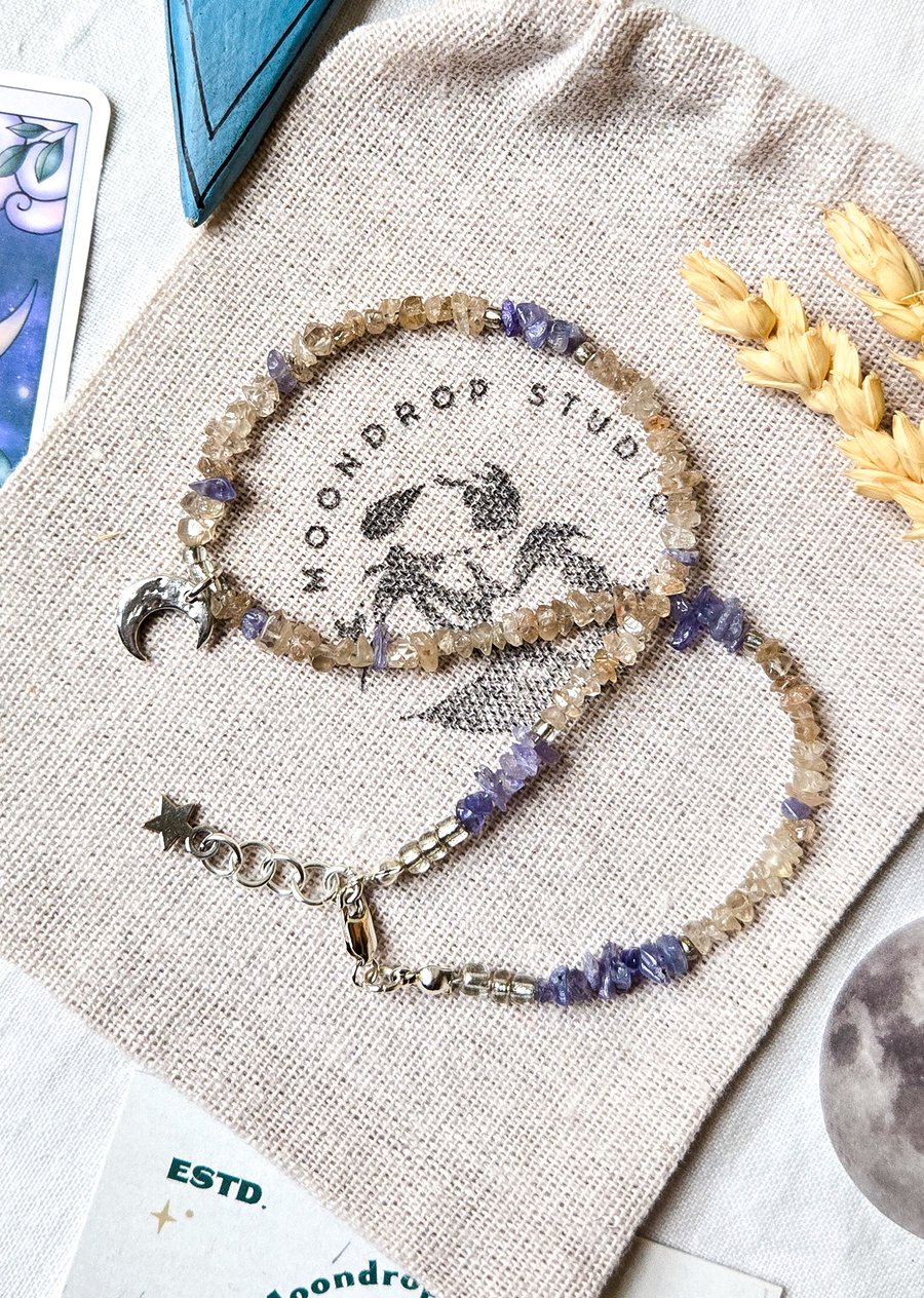 Celestial Necklace with Peach Zircon, Tanzanite & Recycled Silver Moon Pendant