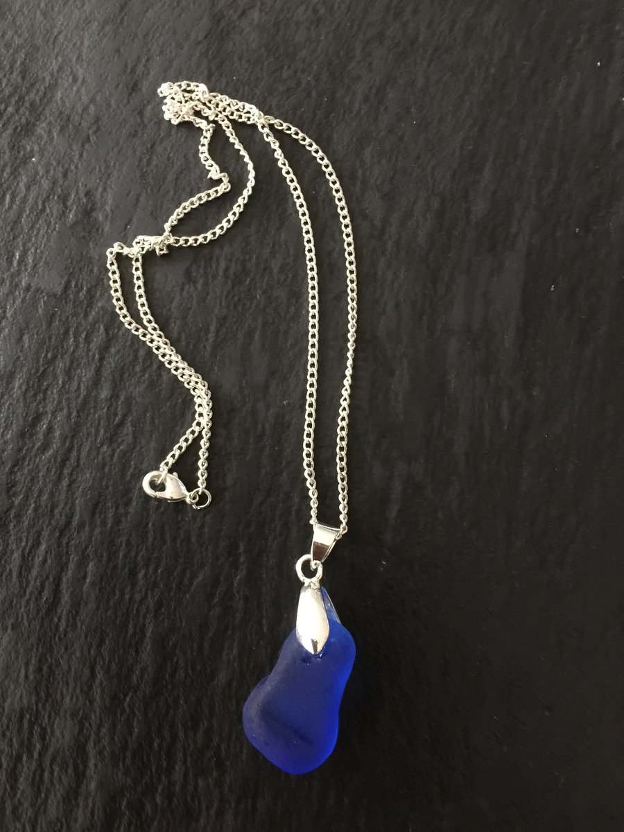 Blue seaglass pendant on silver plate mount and necklace