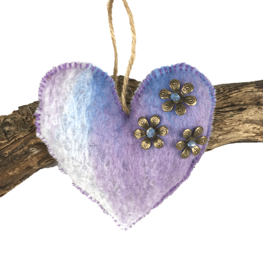 Lilac, blue and grey merino wool felt hanging heart decoration  (1)