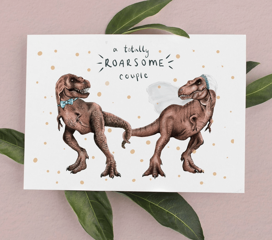 Dinosaur Wedding Card - Wedding Card, Mr and Mrs card, T-Rex Card, Anniversary