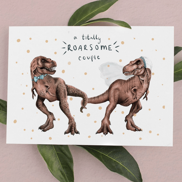 Dinosaur Wedding Card - Wedding Card, Mr and Mrs card, T-Rex Card, Anniversary