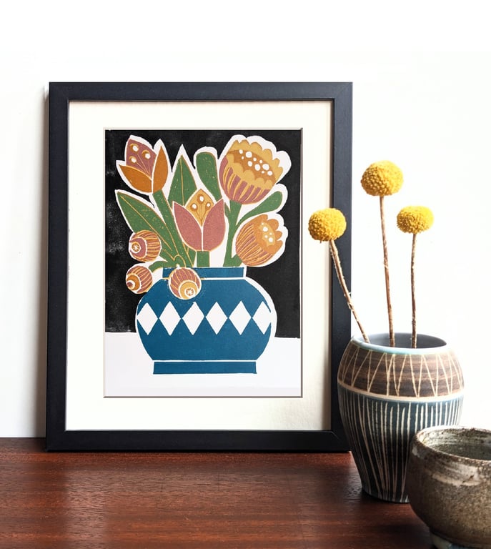 Tulips in a vase - Original Lino Print