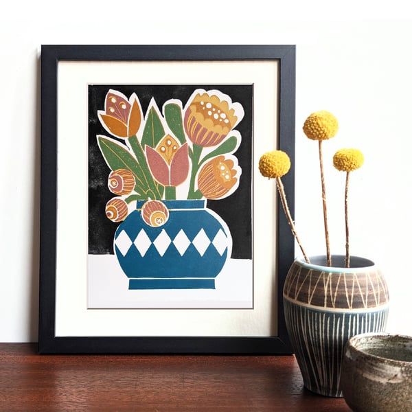 Tulips in a vase - Original Lino Print