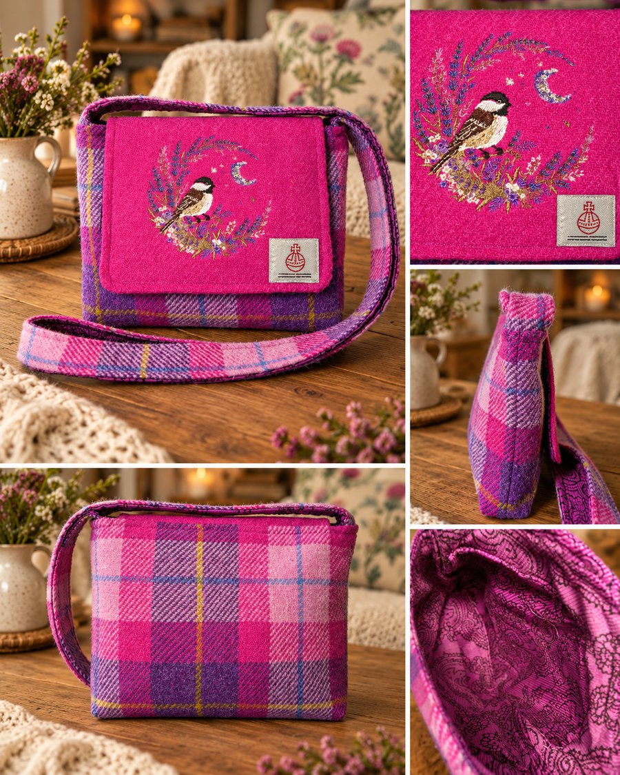 Harris Tweed Crossbody Bag with embroidered bird in the moon