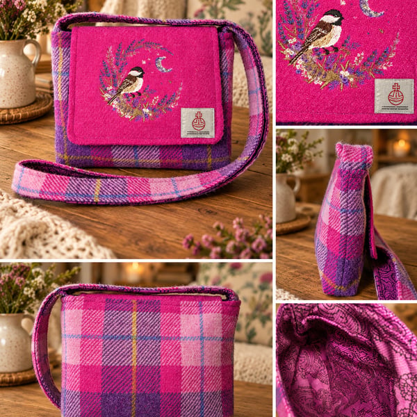 Harris Tweed Crossbody Bag with embroidered bird in the moon