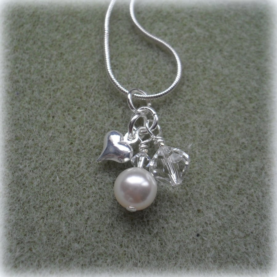 Charm Necklace with swarovskit Pearl and Crystals Silver Plate